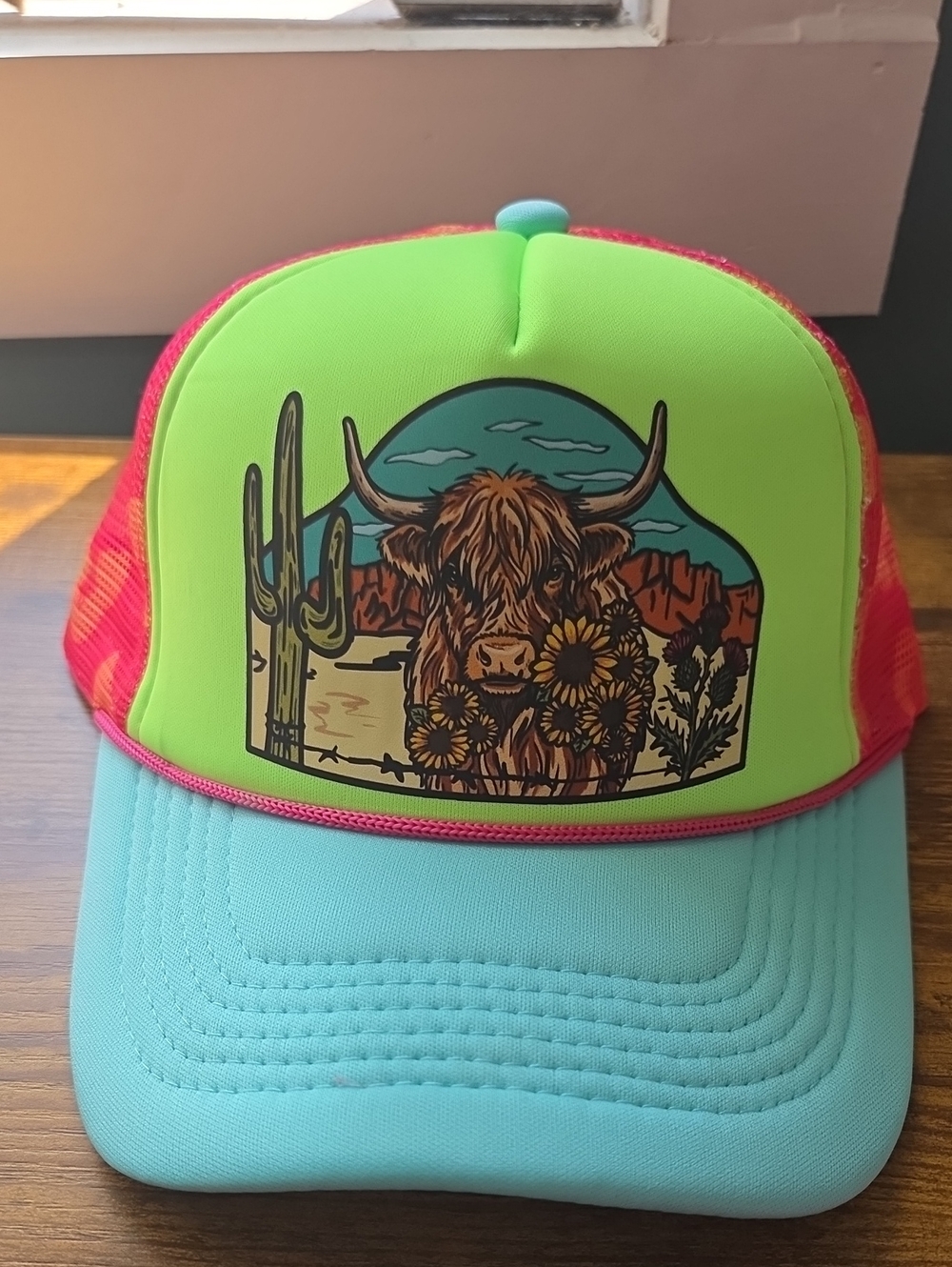 Highland Cow Trucker Hat with Bull & Sunflower Graphic - Neon Green, Pink & Aqua